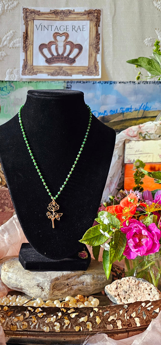 Green Sparkles and Golden Roses Necklace